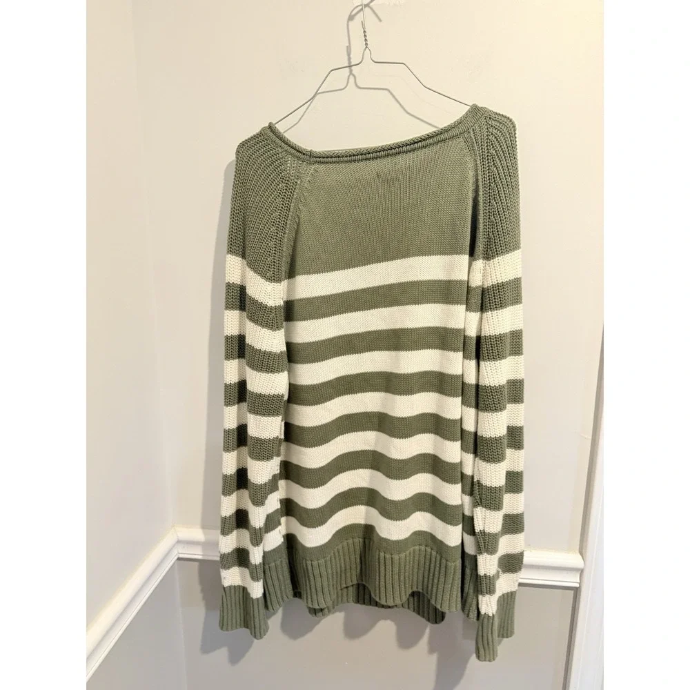 Aerie Bistro Striped Knit Sweater Women's Medium Oversize Olive Rolled Neckline‎